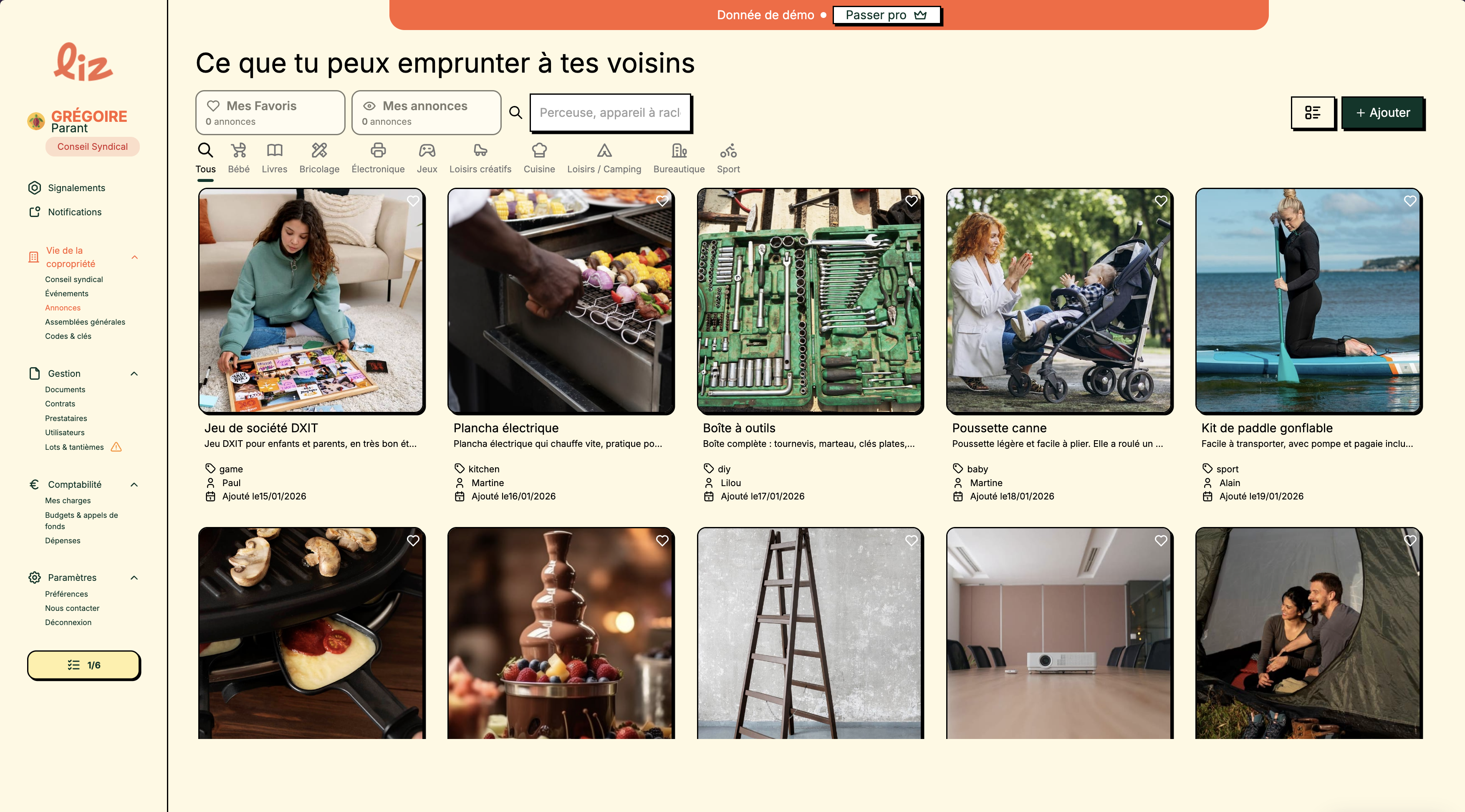 Interface Liz — fil de petites annonces entre voisins en copropriété par catégorie