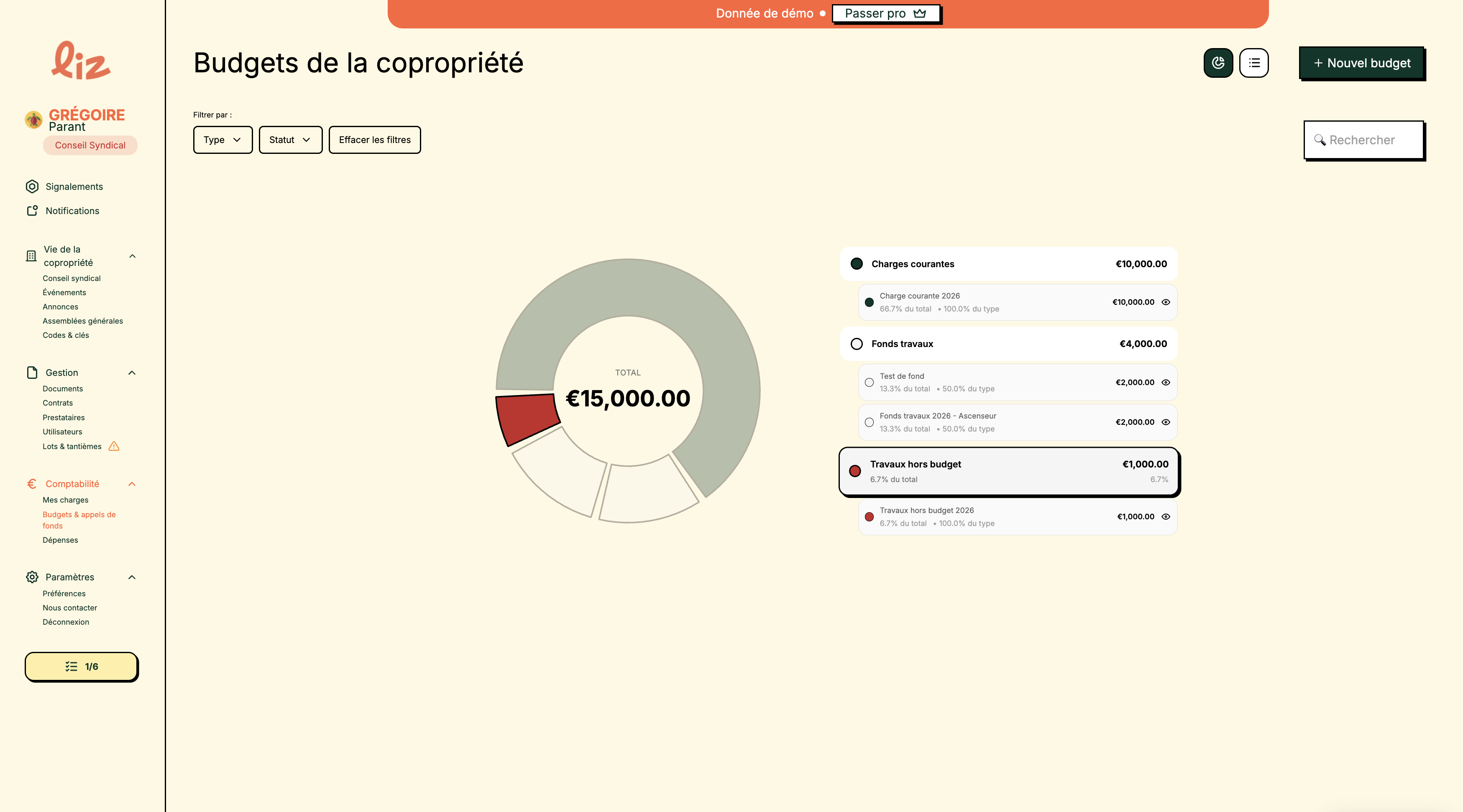 Interface Liz — création d'un appel de fonds en copropriété avec budget et ventilation
