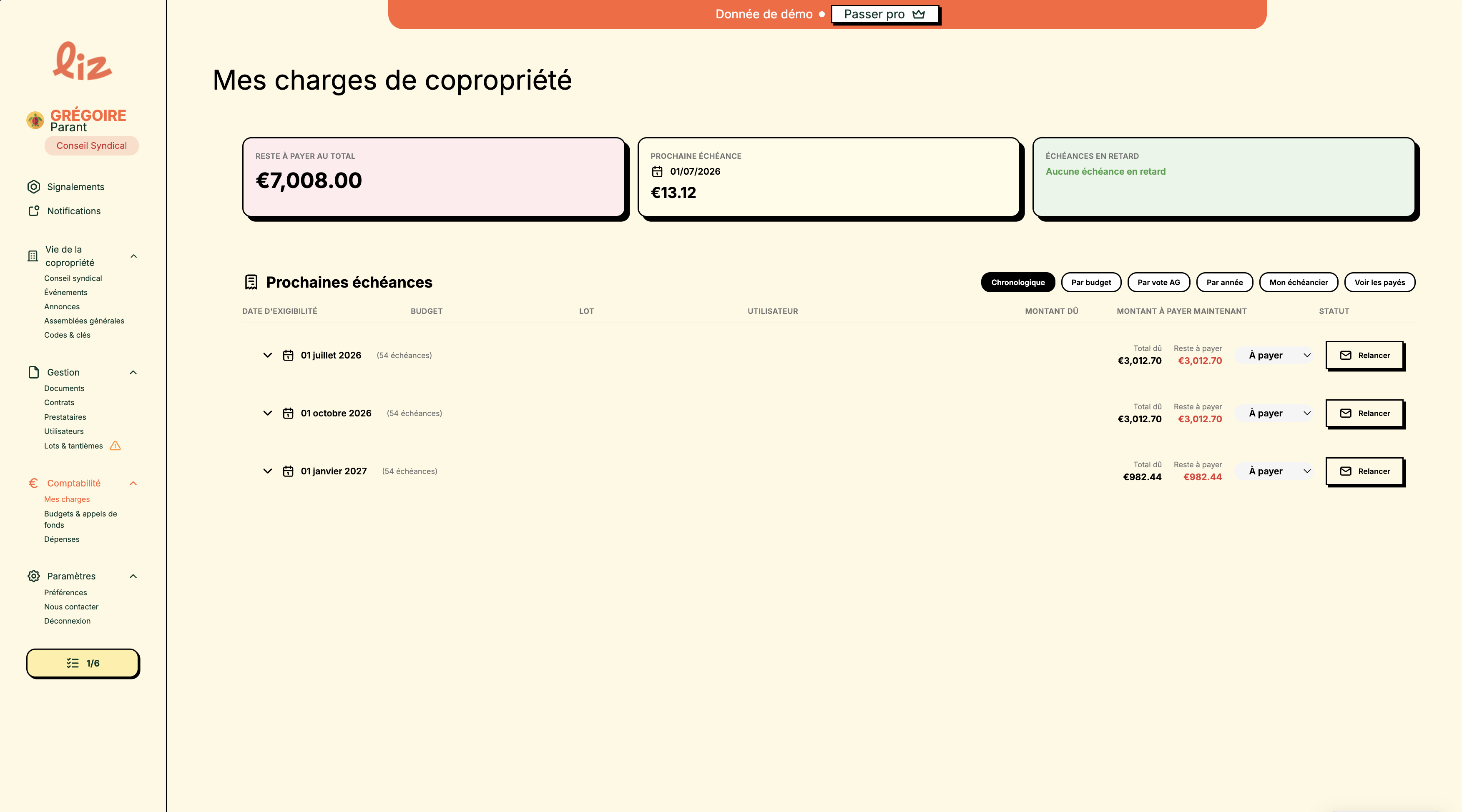 Interface Liz — échéancier des charges de copropriété avec statuts à payer, payé et en retard