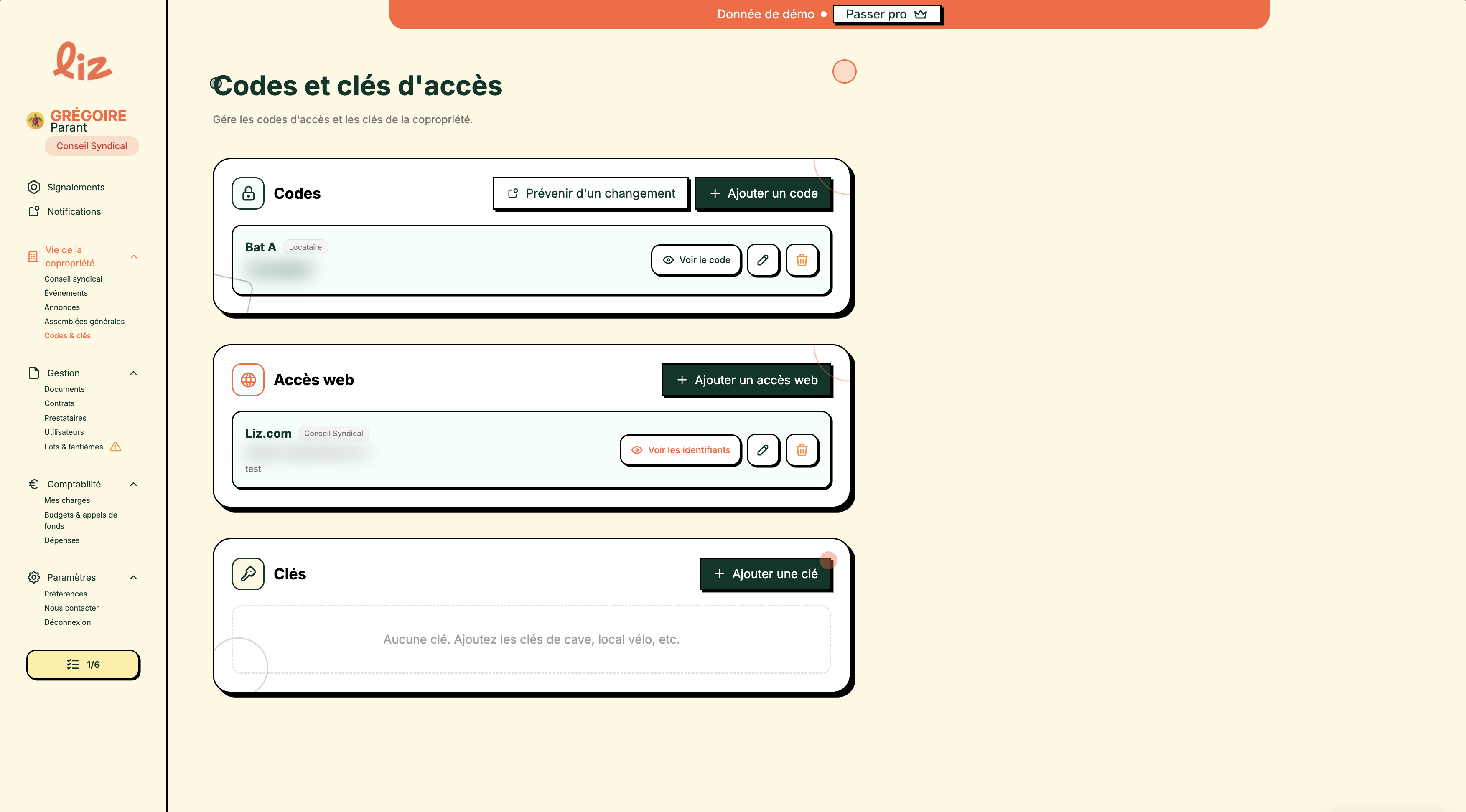 Interface Liz — référentiel des codes, clés et accès immeuble en copropriété