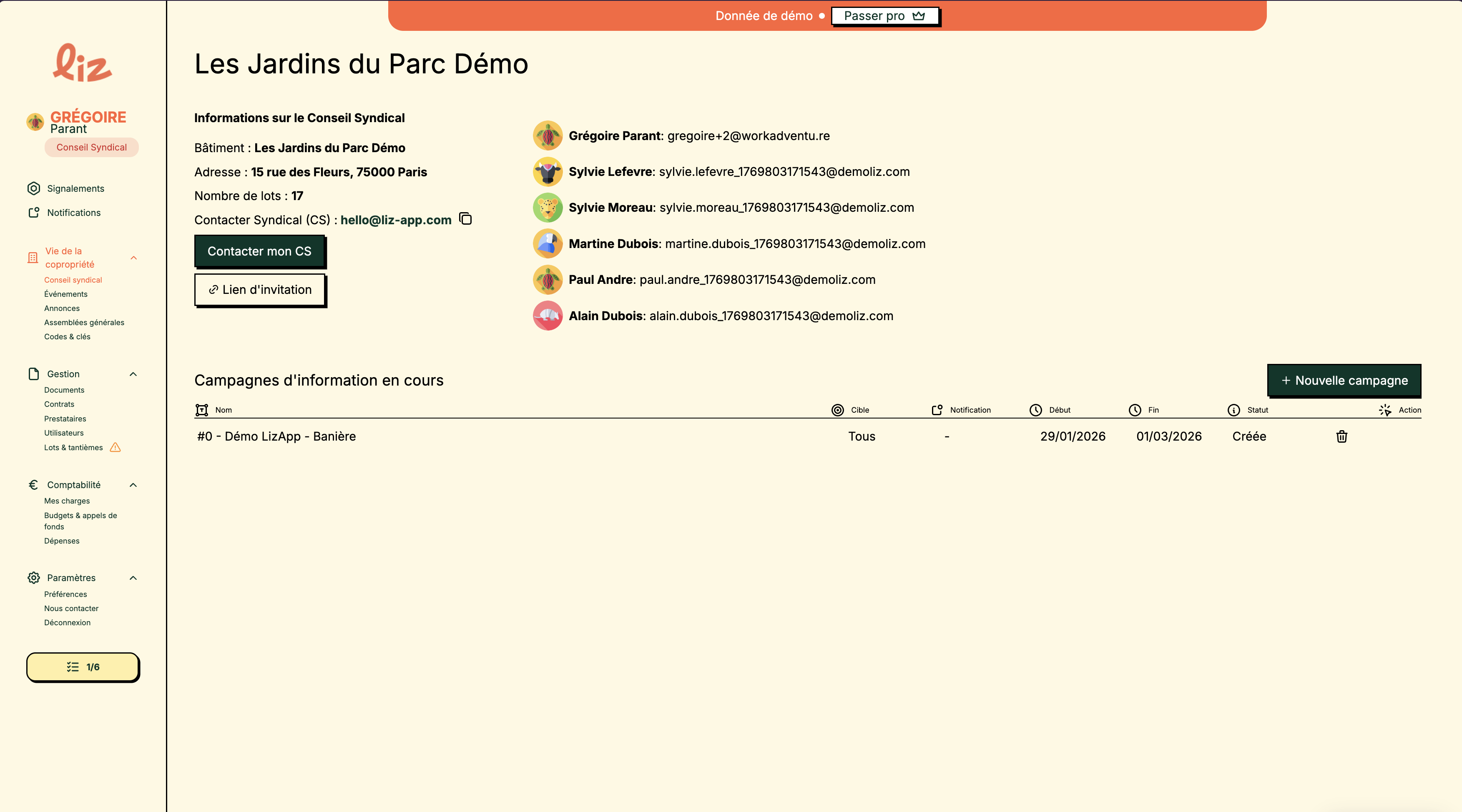 Interface Liz — page conseil syndical avec membres, communications d'information et lien d'invitation