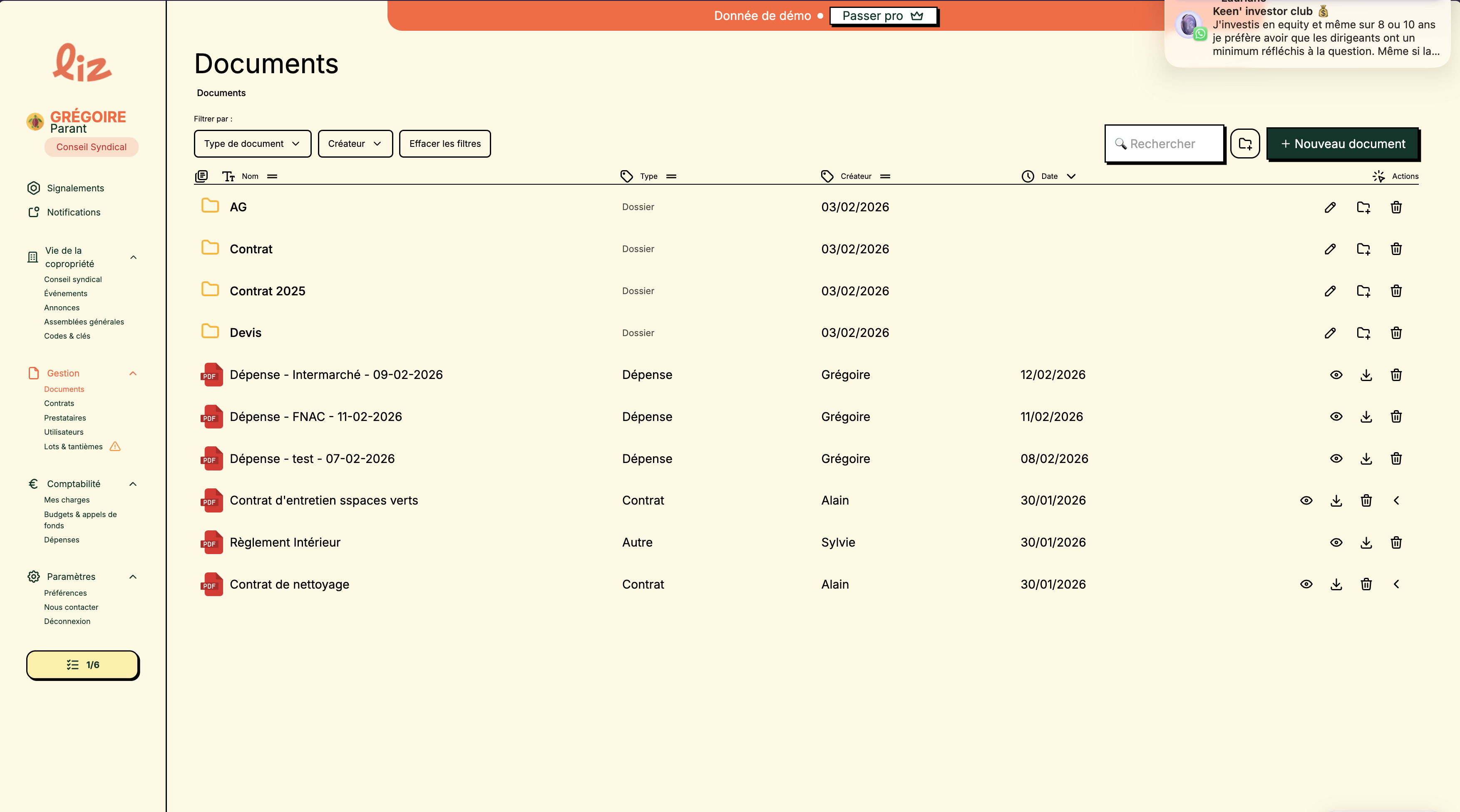 Interface Liz — bibliothèque documentaire de copropriété avec dossiers et fichiers