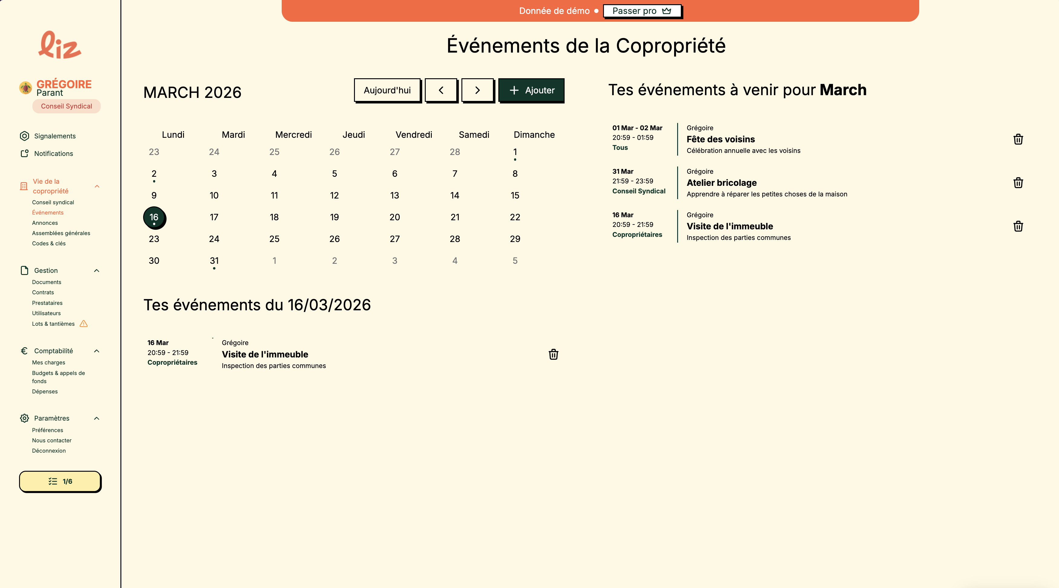 Interface Liz — vue calendrier mensuelle des événements de copropriété