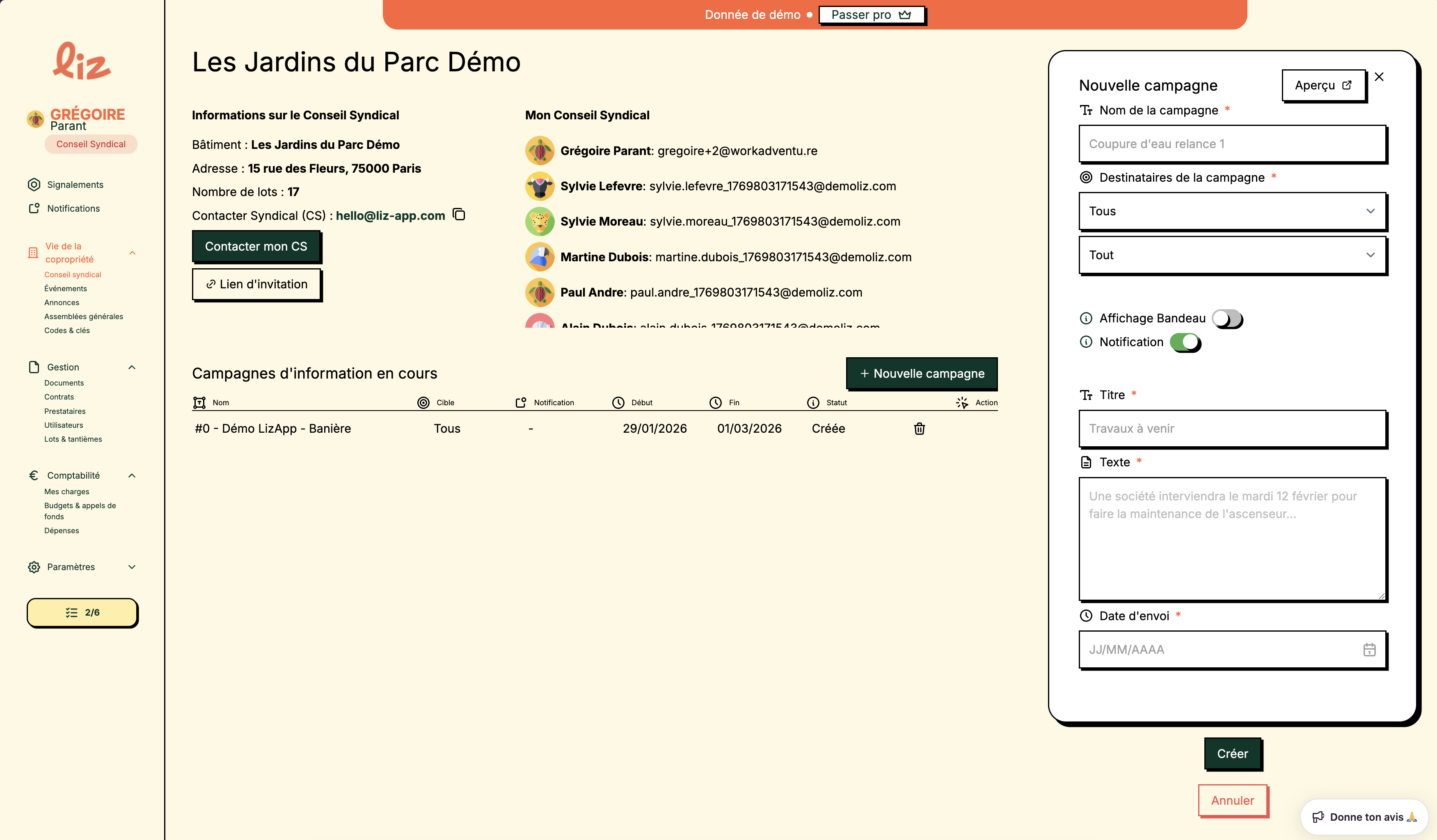 Interface Liz — centre de notifications copropriété avec alertes signalements, AG et charges