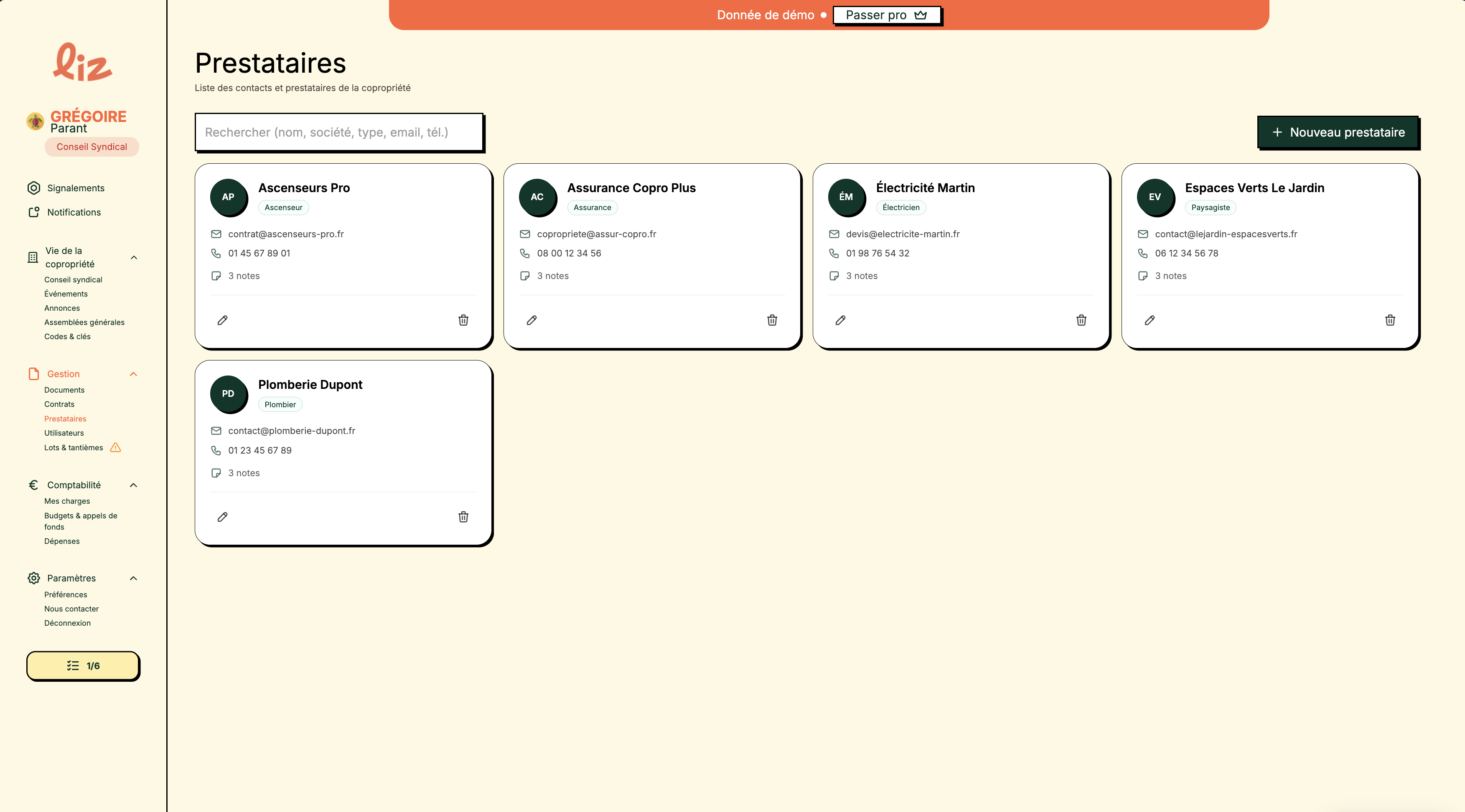 Interface Liz — fiche prestataire de copropriété avec coordonnées, métiers et documents