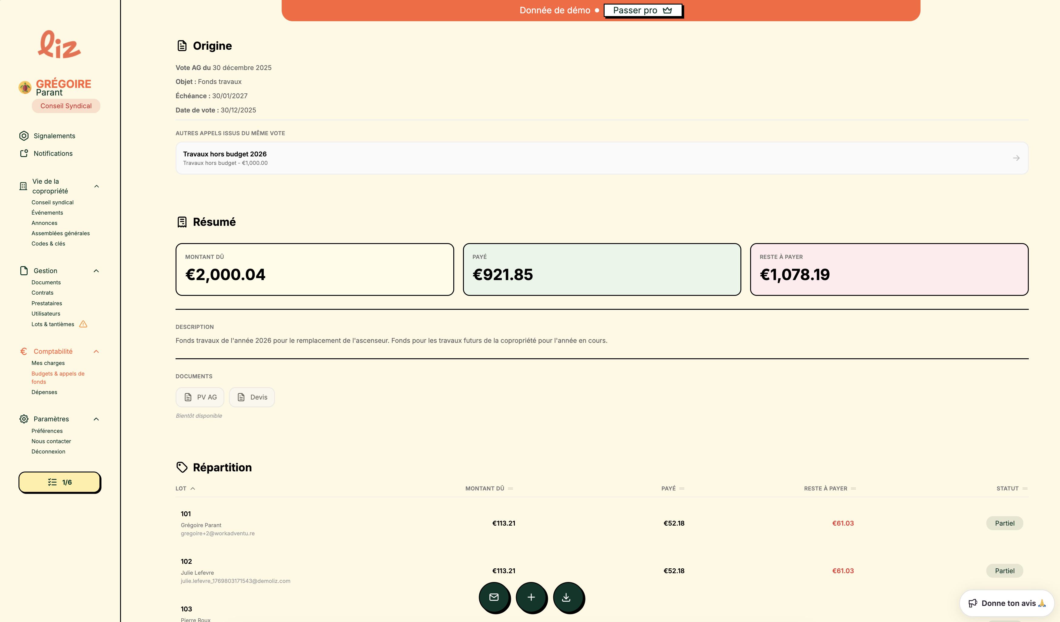 Interface Liz — suivi des encaissements d'appels de fonds avec graphique et liste des paiements
