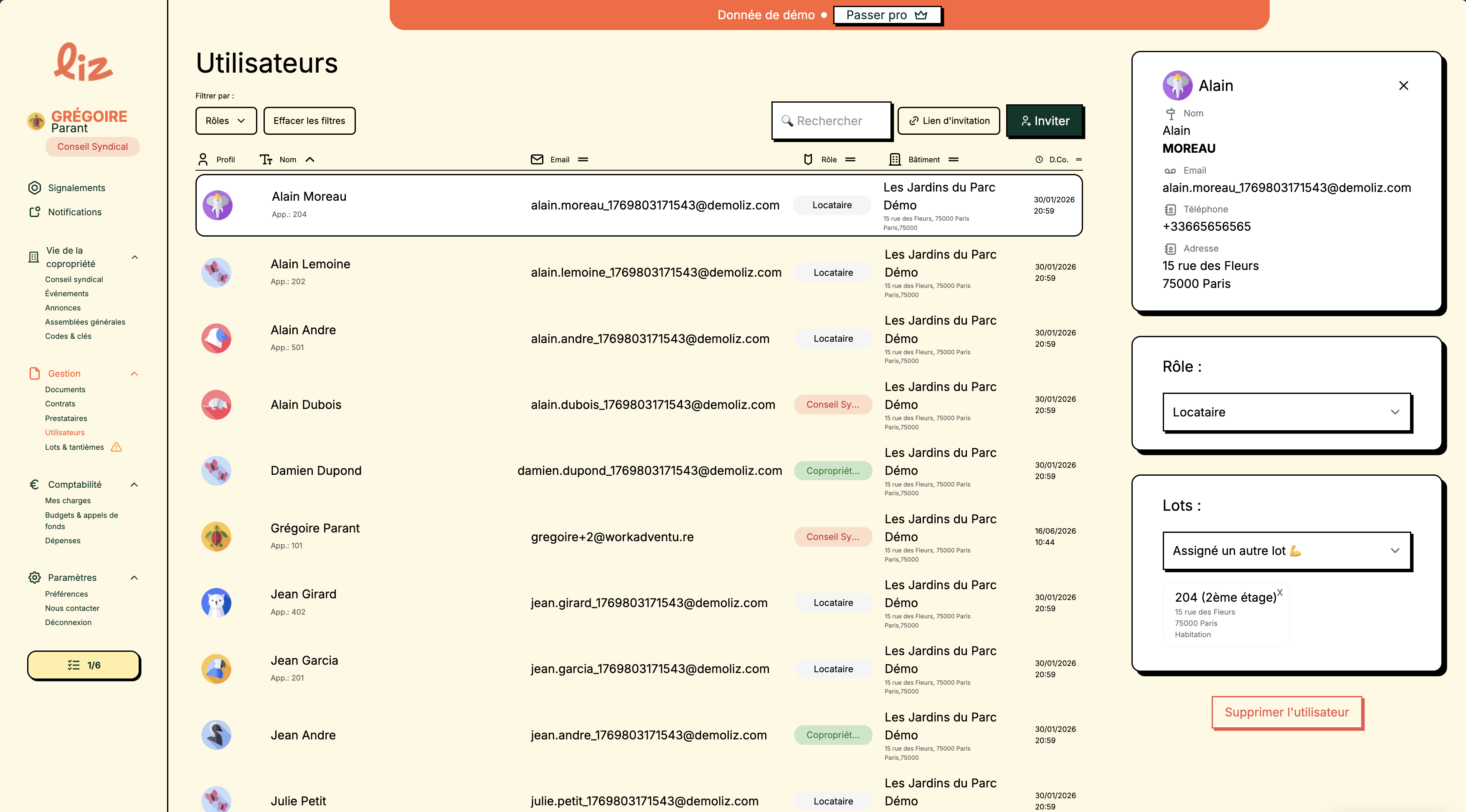 Interface Liz — liste des utilisateurs de copropriété avec rôles, lots et invitations